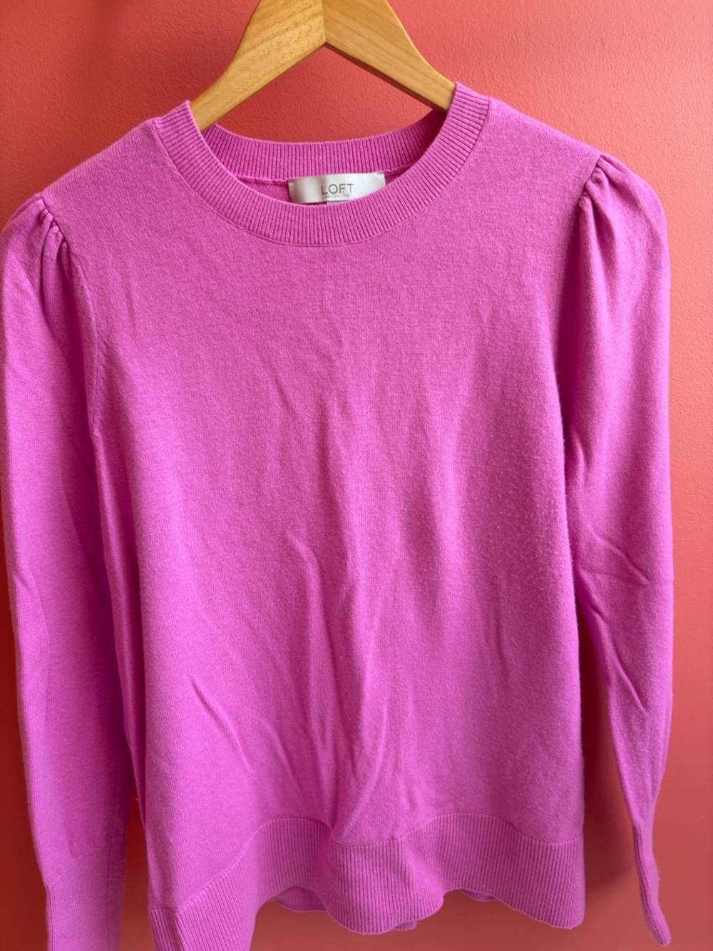 LOFT Bright Pink Crewneck Sweater with Subtle Puff Shoulders